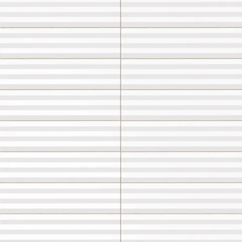 Ridged rectangular tile in a bright chalk white tone with a glossy finish, horizontal raised-strip design, smooth reflective surface, and crisp grout definition.
