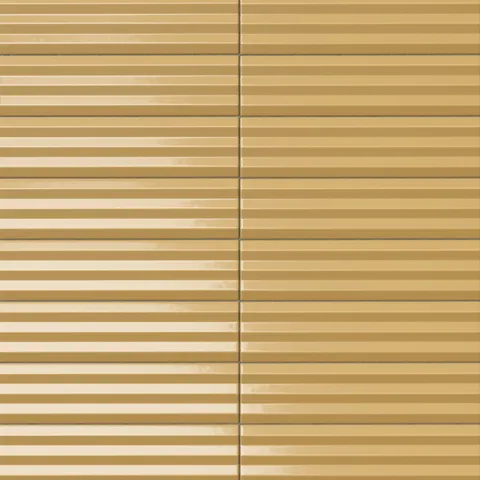 Ridged rectangular tile in a warm Dijon yellow tone with a lustrous glaze movement, horizontal grooves, and rich golden tonal variation.
