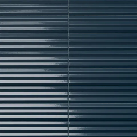Ridged rectangular tile in a dark midnight blue tone with reflective handcrafted glaze variation, horizontal ribbed texture, and dramatic tonal depth.