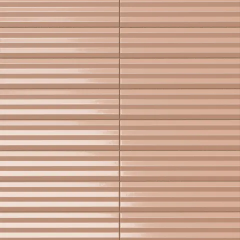 Ridged rectangular tile in a warm terracotta blush tone with a glossy finish, horizontal ridged texture, and softened handcrafted edges.