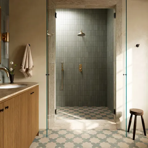 Isabel 11 x 11 Matte Porcelain Tile Star in Almond Mist and Cross in Soft Sage