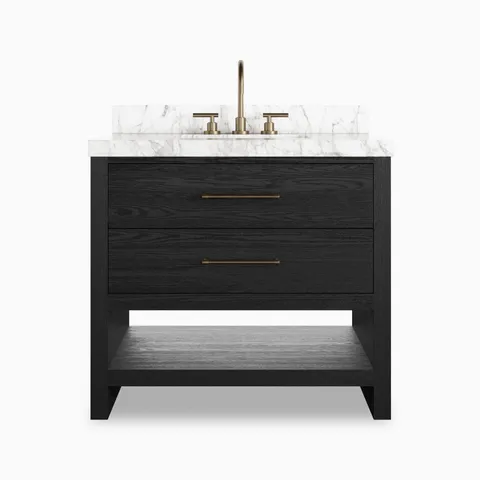 Maxine 36” single vanity in black wash oak veneer with marble countertop and brass hardware.
