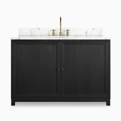 Josephine 48" single-wide vanity in satin drifted black veneer with marble top and antique brass faucet.