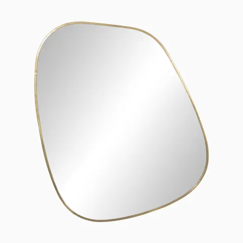 Fluid-shaped mirror with antique brass iron frame, hand-forged and bracket-ready, perfect for small or layered spaces.