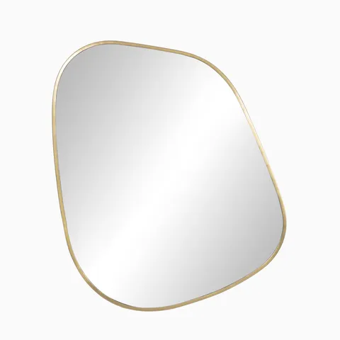Asymmetrical wall mirror framed in antique brass, blending modern curves with vintage-inspired elegance.