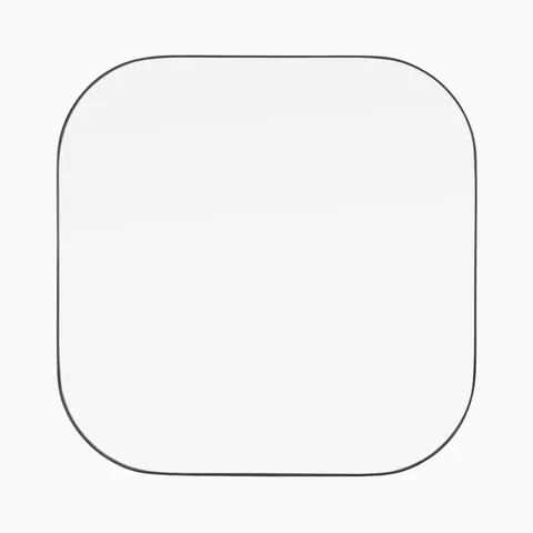 Soft-cornered square mirror with a slender rustic black frame, perfect for modern interiors.