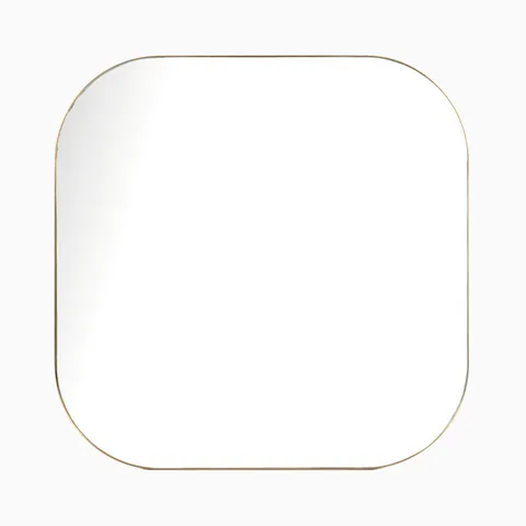 Square mirror with softly rounded edges and slim polished brass frame for a refined, modern finish.