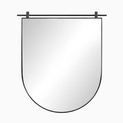 Contemporary small arch mirror with a matte black frame and top rail mount, perfect for sleek, minimalist interiors
