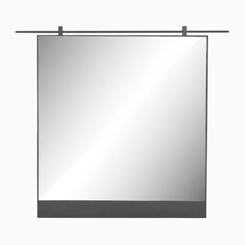 Square wall mirror with a slim black iron frame and horizontal top bar, designed for wide spaces and modern, minimalist interiors.