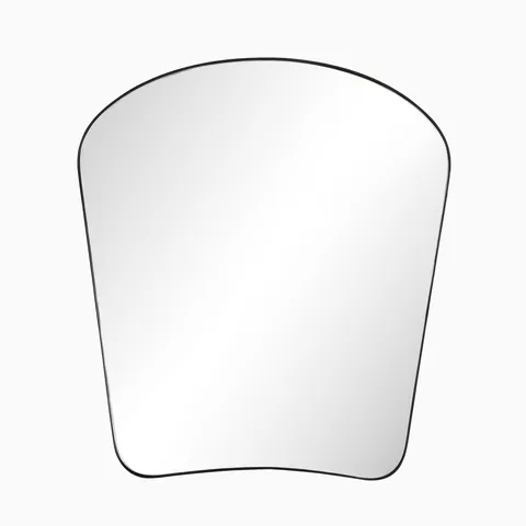 Sculptural mirror with a flared silhouette and matte black frame made of aluminum, blending organic curves with minimalist modern design.