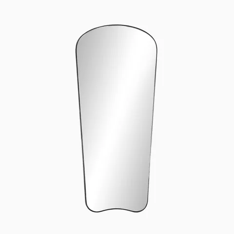 Elongated flared mirror with a matte black frame made of aluminum, offering a striking organic profile ideal for modern dressing spaces or hallways