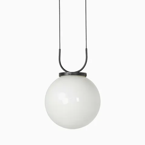 Contemporary pendant light with a white glass globe suspended by a matte black U-shaped bracket and twin cords from the ceiling.