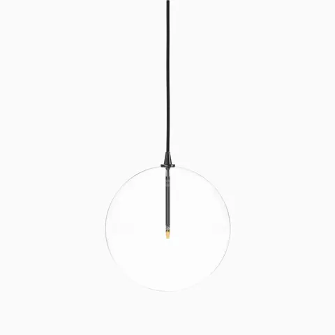 Large modern pendant light with a clear glass globe, suspended by a black cord and featuring a slim black gunmetal vertical socket.