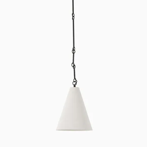 Modern pendant light with a matte white plaster cone shade, suspended from the ceiling by a dark metal chain for a minimalist look.