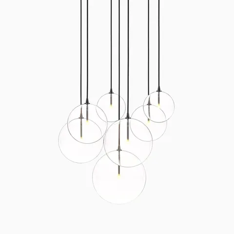 Modern black gunmetal chandelier featuring suspended glass orbs in a cascading cluster for sculptural elegance.