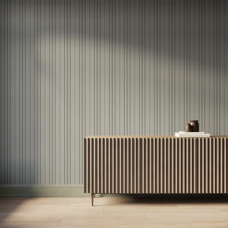 Olive green striped wallpaper backdrop with a fluted console cabinet and decorative ceramics, adding an earthy modern interior aesthetic.