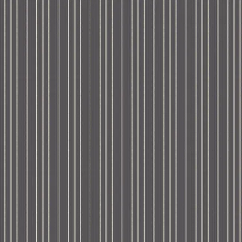 Deep charcoal striped wallpaper with narrow beige stitched lines and textured fabric-inspired vertical bands.