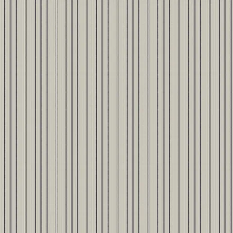 Charcoal and light beige striped wallpaper with fine vertical stitching detail, forming a refined modern pinstripe pattern.