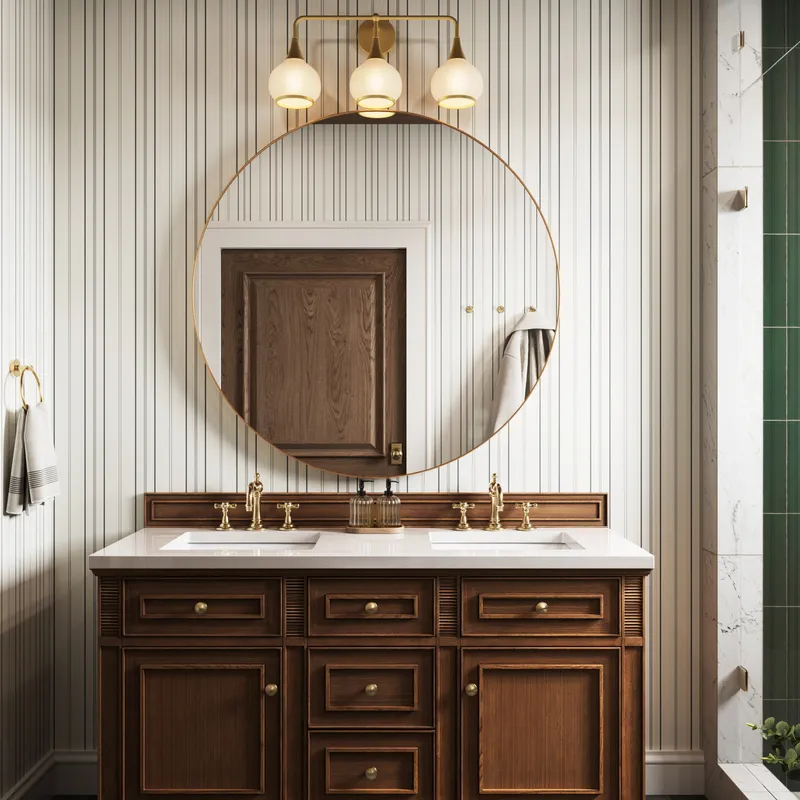 Classic double vanity with warm wood cabinetry, round brass mirror, striped wallpaper, and glass shower with green tile backdrop.
