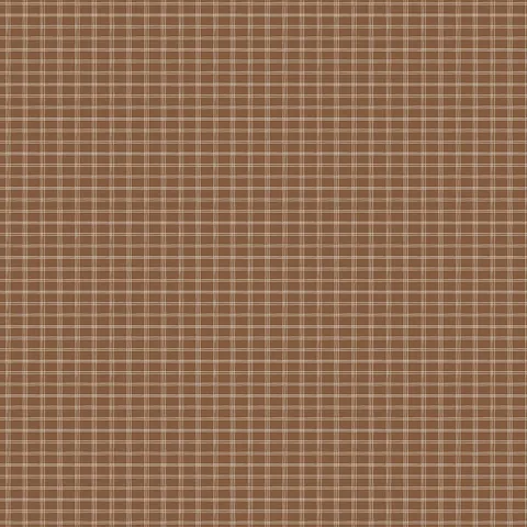 Earthy brown plaid wallpaper with off-white intersecting lines creating a subtle classic grid pattern.