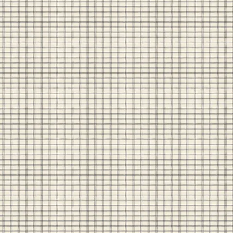 Off-white plaid wallpaper with black intersecting lines creating a subtle classic grid pattern.