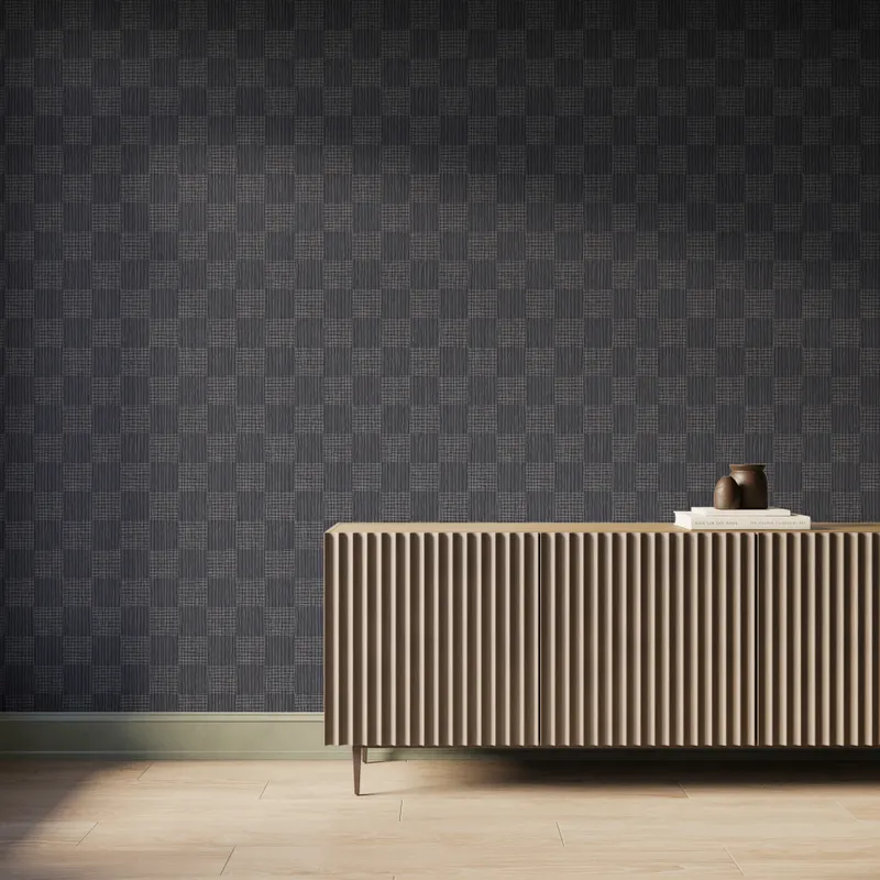Dark gray base and fine white woven geometric wallpaper with a subtle checker pattern, styled in a modern interior behind a fluted wood sideboard with decorative vases.