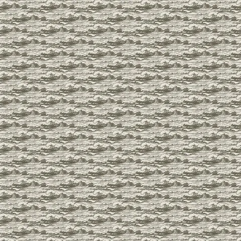 Seamless olive and cream ocean wave pattern with detailed hand-drawn curling surf forming a dense repeating coastal wallpaper design.