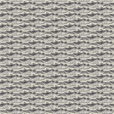 Seamless cream and gray ocean wave pattern with detailed, hand-drawn curling surf forming a classic repeating coastal wallpaper design.
