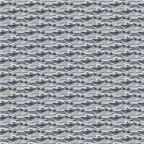 Seamless wallpaper pattern of stylized ocean waves in navy and cream, hand-drawn look with repeating curling surf and fine lines.