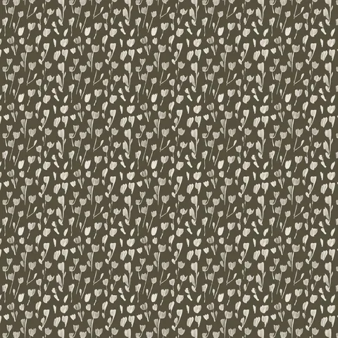 Soft off-white floral silhouettes create a repeating pattern across the olive green base of Petaline wallpaper Olive II, 52x132, perfect for biophilic interiors.
