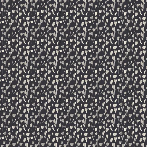 A repeating floral motif in off-white tones spreads across Petaline wallpaper in Black II, 52x132, fitting modern, eclectic, or gallery-style interiors.