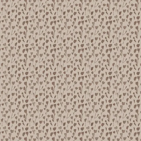 Petaline wallpaper Taupe I, 52x132, shows softly washed brown floral silhouettes over a light taupe background, fitting Scandinavian or minimalist interiors.