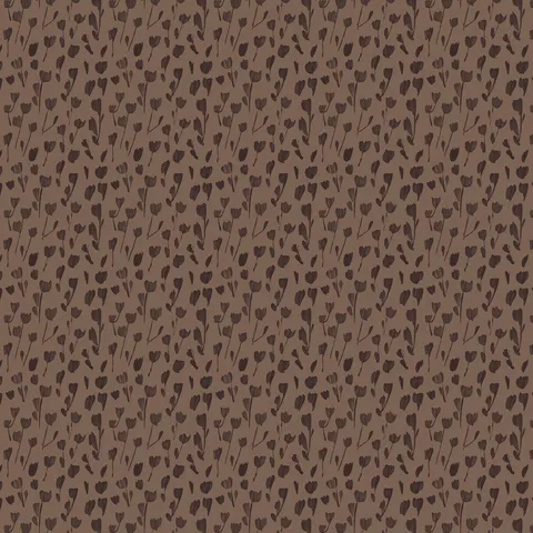 Abstract floral silhouettes in black tones repeat across the dark brown base of Petaline wallpaper in Black/Tan I, 52x132, creating a bold yet minimalist pattern.