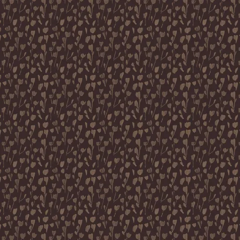 Dark brown floral silhouettes create a repeating hand-painted look across the black field of Petaline wallpaper in Black/Tan II, 52x132, perfect for modern or dramatic spaces.