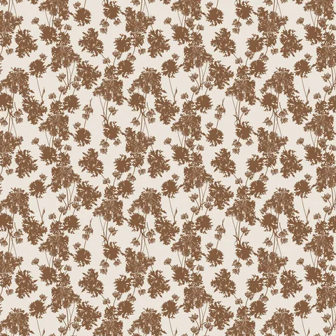 Seamless botanical wallpaper with warm brown floral silhouettes on a soft beige background, forming a dense repeating nature-inspired pattern.
