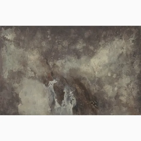 Skyveil Mural in Mistfall IV featuring layered washes of dark taupe and sandy beige tones that create an abstract plaster-like design with organic textures and soft, weathered depth.