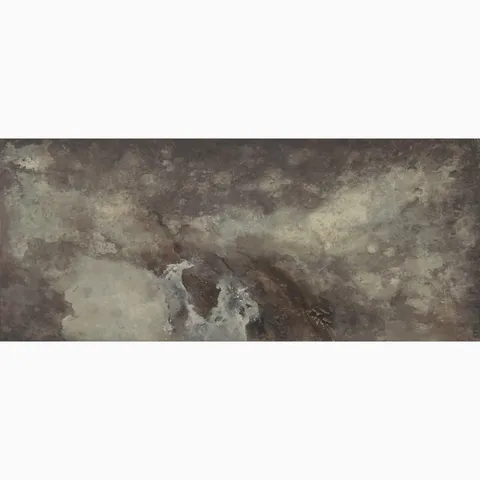 Skyveil Mural in Mistfall IV featuring layered washes of dark taupe and sandy beige tones that create an abstract plaster-like design with organic textures and soft, weathered movement.