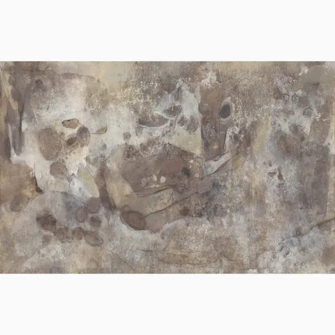 Skyveil Mural in Mistfall II featuring layered washes of light beige and rusty brown tones that create an abstract plaster-like design with organic textures and soft, weathered depth.