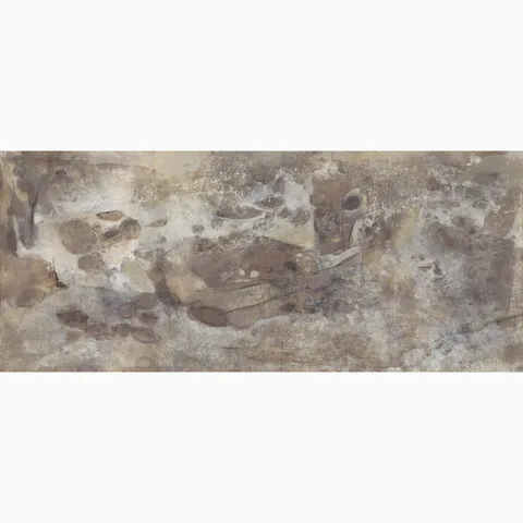 Skyveil Mural in Mistfall II featuring layered washes of light beige and rusty brown tones that create an abstract plaster-like design with organic textures and weathered depth.