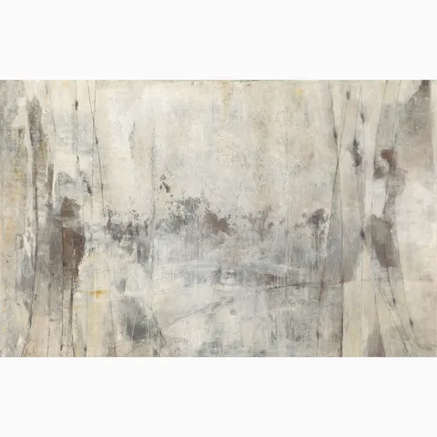 Skyveil Mural in Mistfall VI featuring layered washes of off-white and earthy gray tones forming an abstract plaster-like design with soft textures and subtle weathered movement.