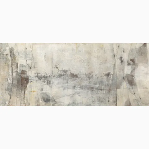 Skyveil Mural in Mistfall VI featuring layered washes of off-white and earthy gray tones forming an abstract plaster-like design with soft textures and subtle organic movement.