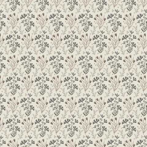 Botanical floral wallpaper with delicate hand-drawn leaves and wildflowers in bluish gray, beige, and soft brown tones set against an off-white field.