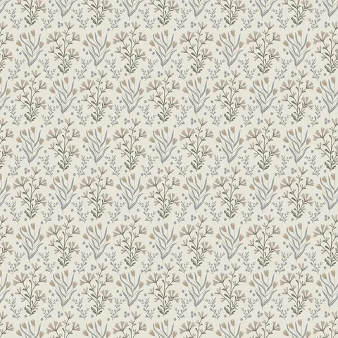 Botanical floral wallpaper with delicate hand-drawn leaves and wildflowers in bluish gray, earthy green, and soft beige tones set against an off-white field.