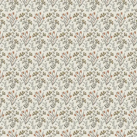 Botanical floral wallpaper with delicate hand-drawn leaves and wildflowers in soft gray, olive green, and rich brown tones set against an off-white field.