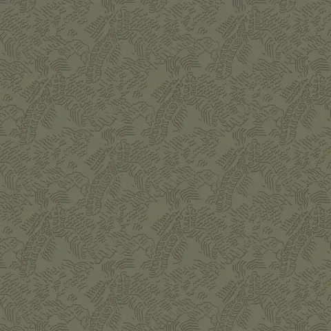 Olive green abstract contour wallpaper with dark gray topographic lines inspired by Tibetan landscapes.