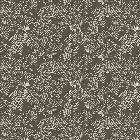 Dark olive green abstract contour wallpaper with white topographic lines behind a modern ribbed wood console table.