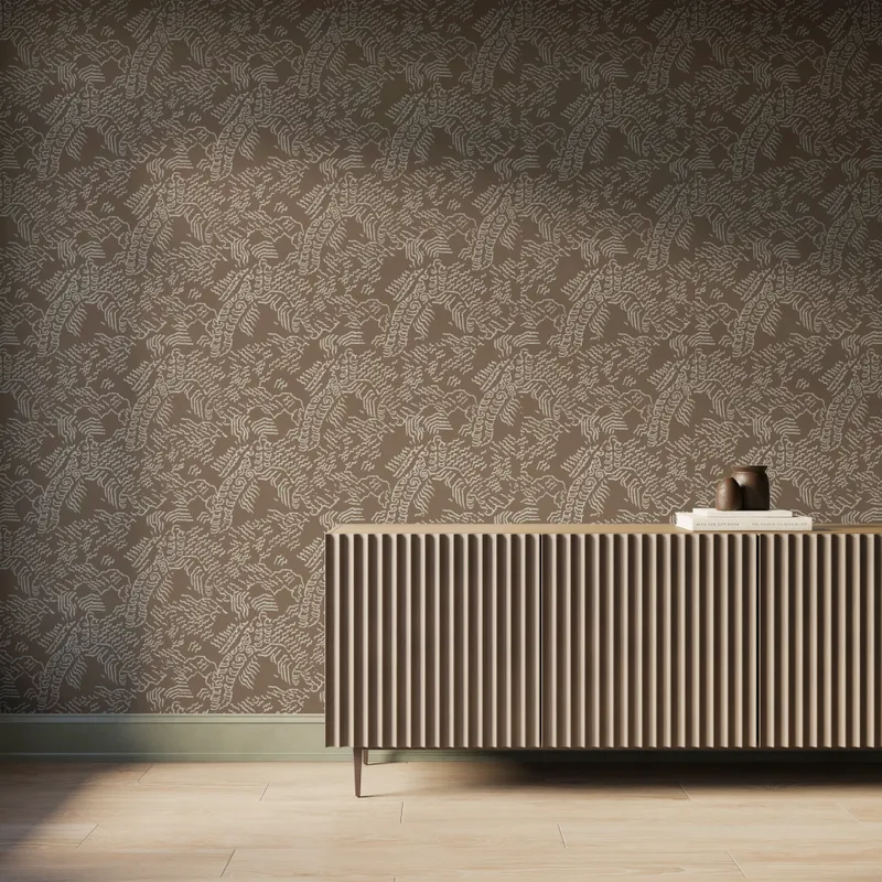 Dark taupe abstract contour wallpaper with white topographic lines behind a modern ribbed wood console table.