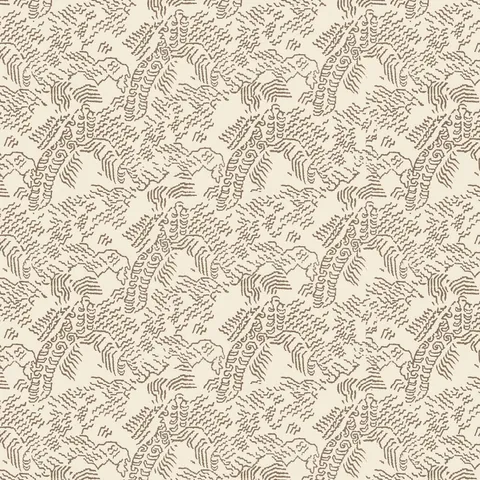 White abstract contour wallpaper with dark taupe topographic lines inspired by Tibetan landscapes.