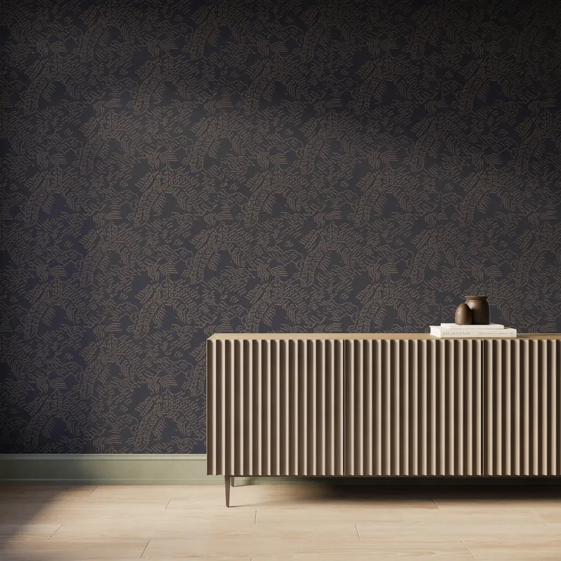 Dark gray abstract contour wallpaper with brown topographic lines behind a modern ribbed wood console table.