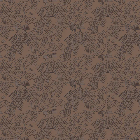 Brown abstract contour wallpaper with dark gray topographic lines inspired by Tibetan landscapes.